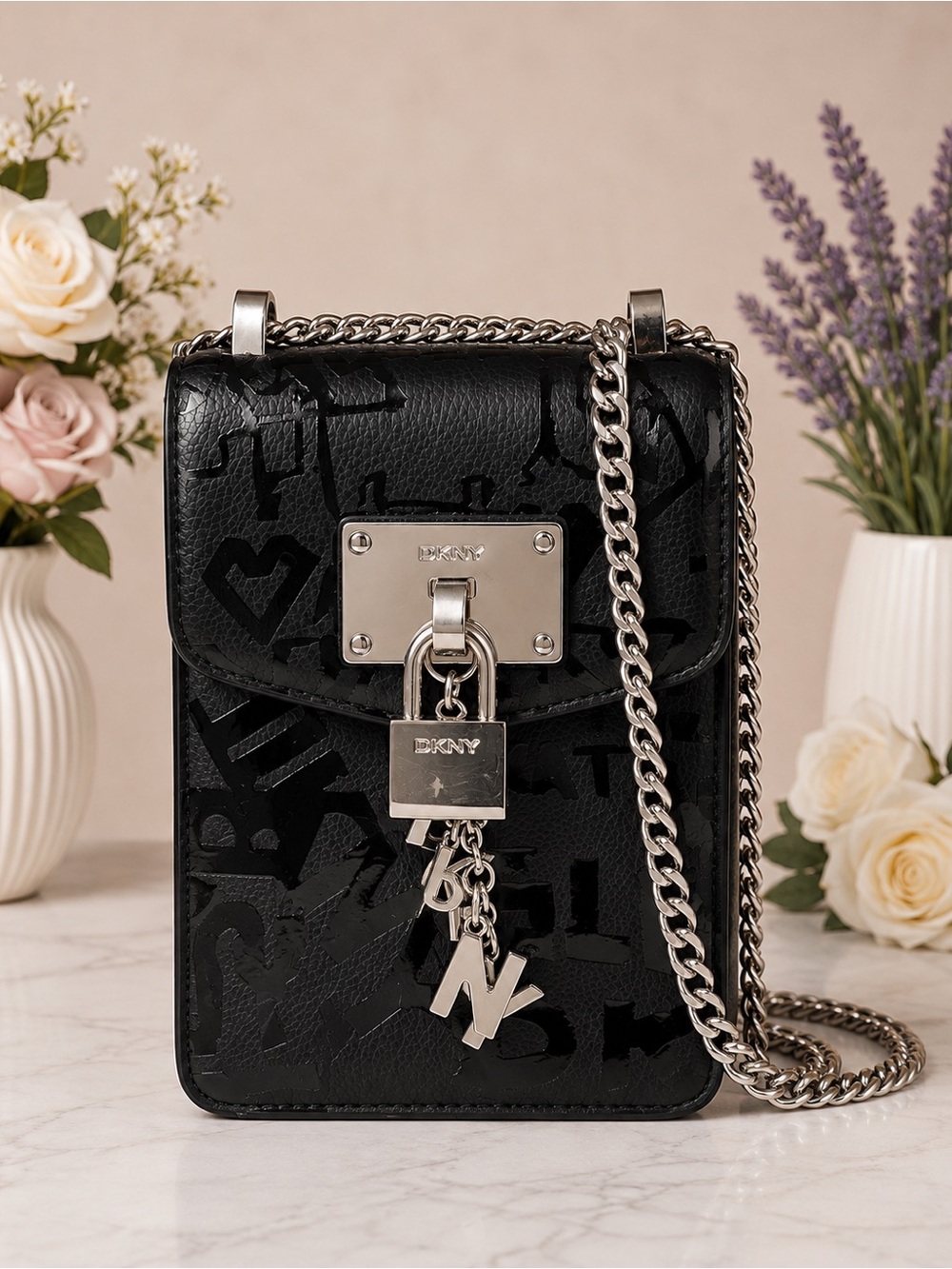DKNY Black Logo Padlock Chain Crossbody Phone Bag